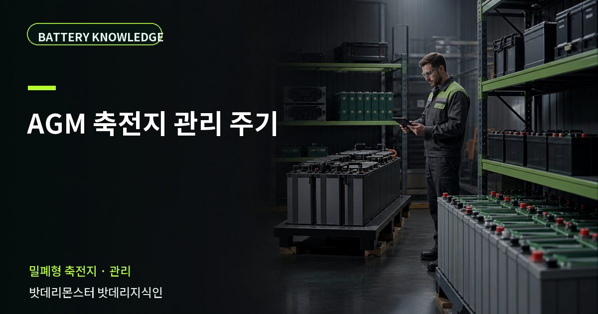 AGM 축전지 관리 주기의 확인 항목을 설명하는 산업용 배터리 교육 이미지