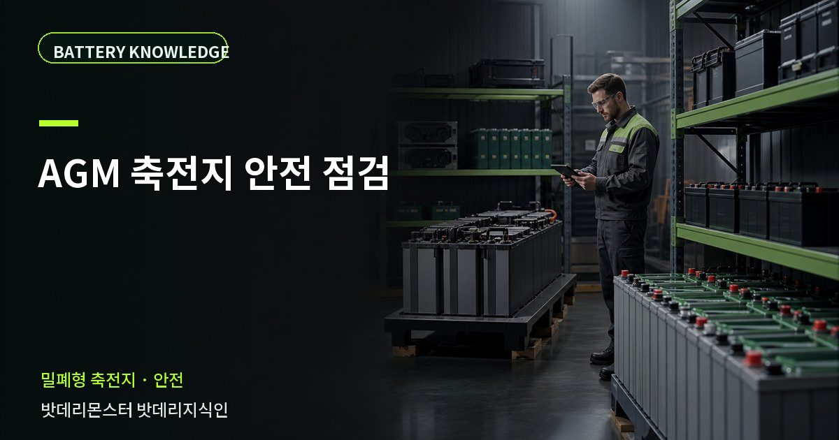 AGM 축전지 안전 점검의 확인 항목을 설명하는 산업용 배터리 교육 이미지