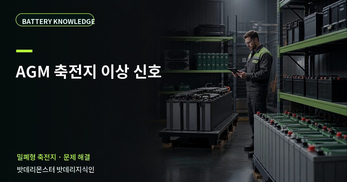 AGM 축전지 이상 신호의 확인 항목을 설명하는 산업용 배터리 교육 이미지