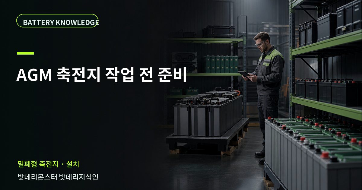 AGM 축전지 작업 전 준비의 확인 항목을 설명하는 산업용 배터리 교육 이미지
