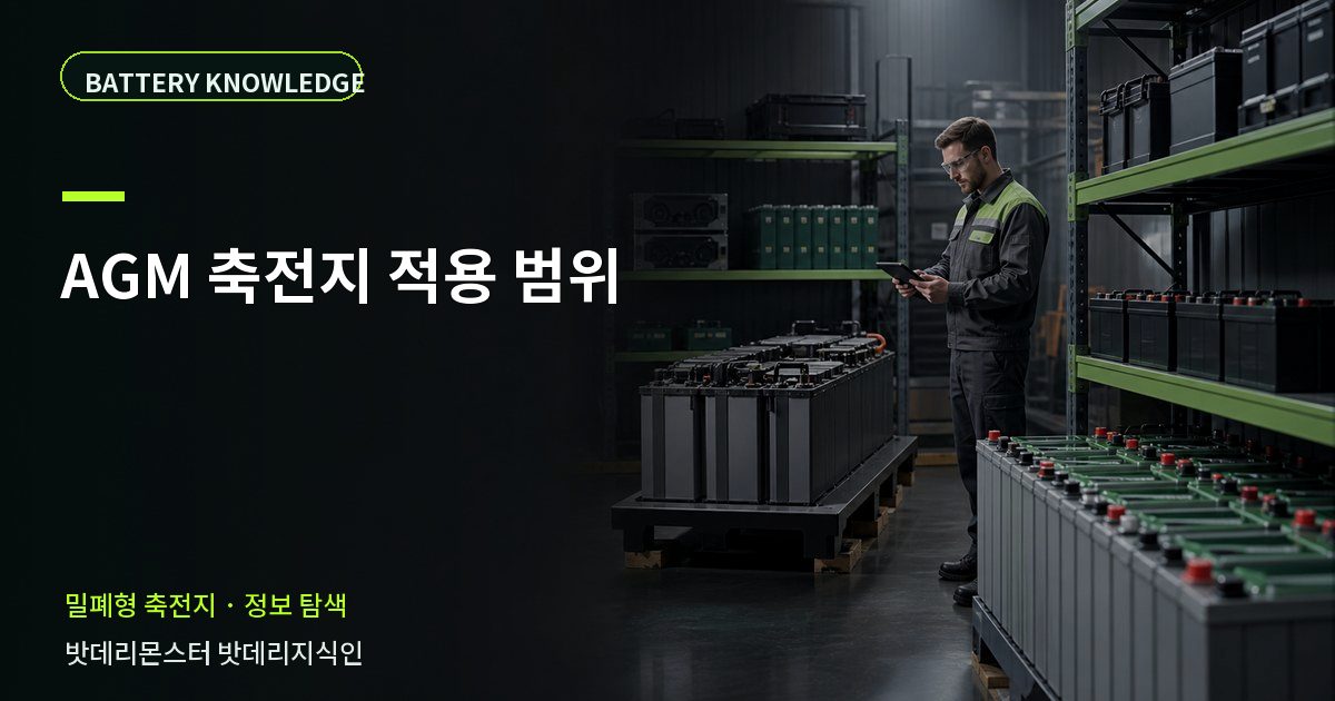 AGM 축전지 적용 범위의 확인 항목을 설명하는 산업용 배터리 교육 이미지