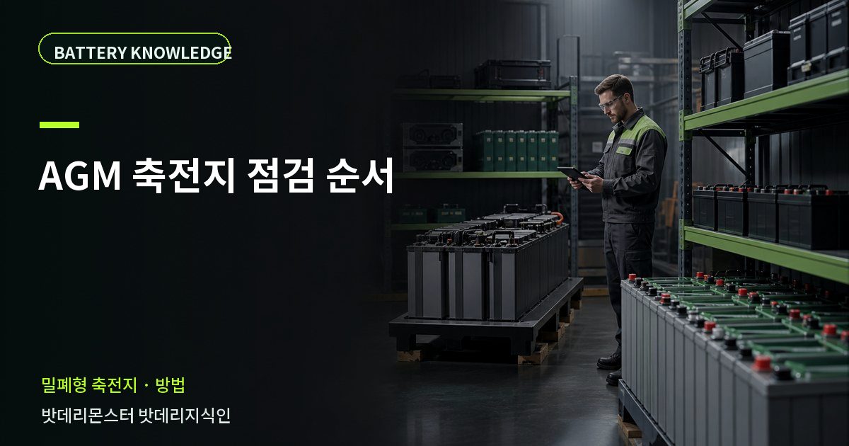 AGM 축전지 점검 순서의 확인 항목을 설명하는 산업용 배터리 교육 이미지
