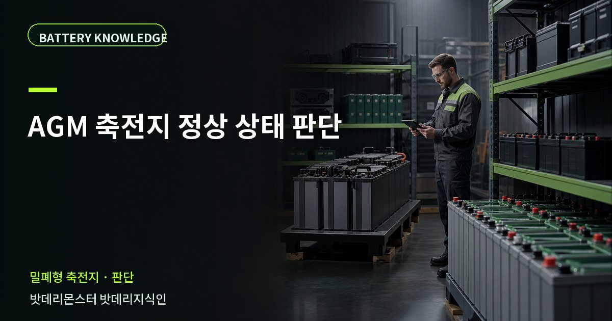 AGM 축전지 정상 상태 판단의 확인 항목을 설명하는 산업용 배터리 교육 이미지