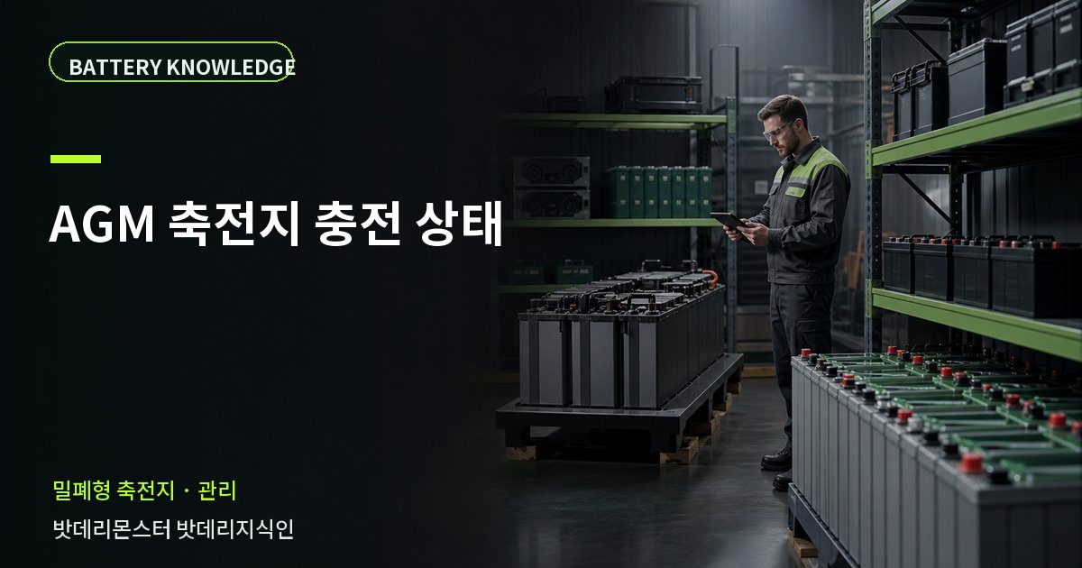 AGM 축전지 충전 상태의 확인 항목을 설명하는 산업용 배터리 교육 이미지