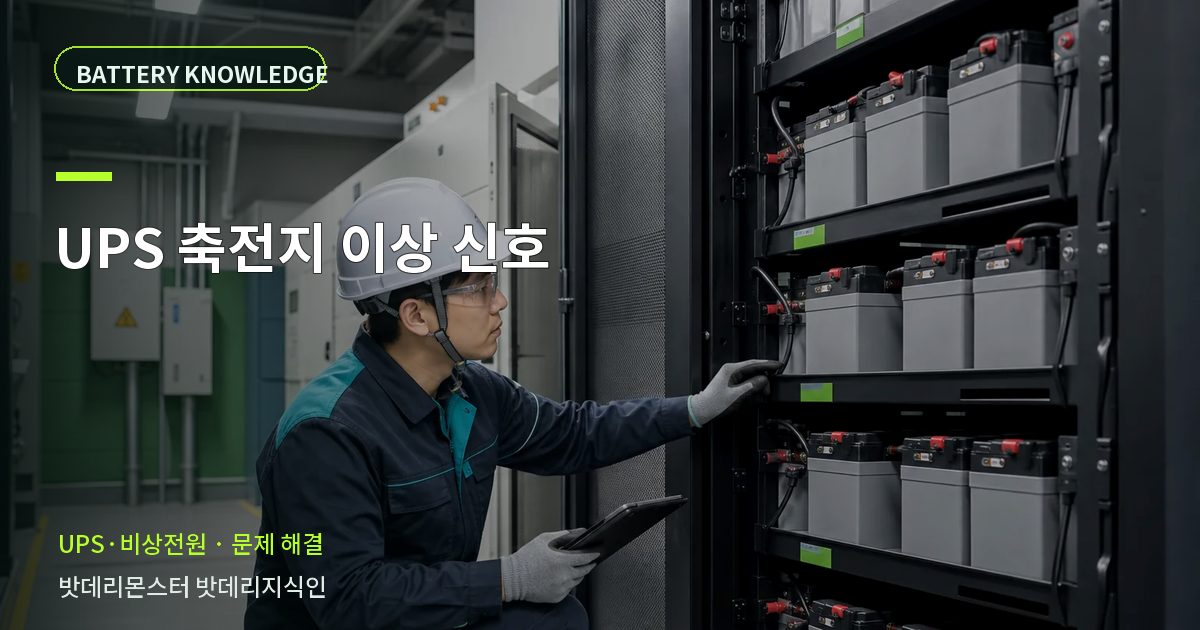 UPS 축전지 이상 신호의 확인 항목을 설명하는 산업용 배터리 교육 이미지