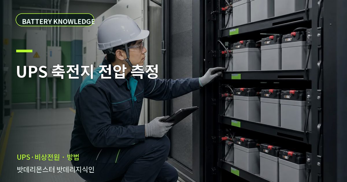 UPS 축전지 전압 측정의 확인 항목을 설명하는 산업용 배터리 교육 이미지