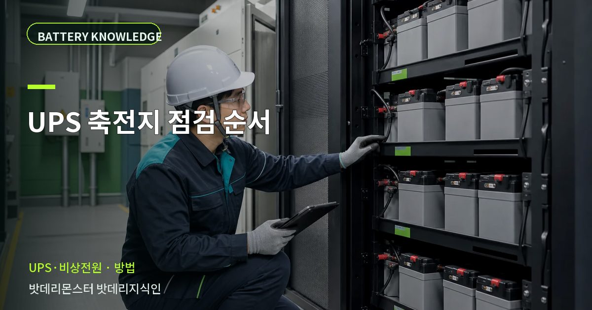 UPS 축전지 점검 순서의 확인 항목을 설명하는 산업용 배터리 교육 이미지