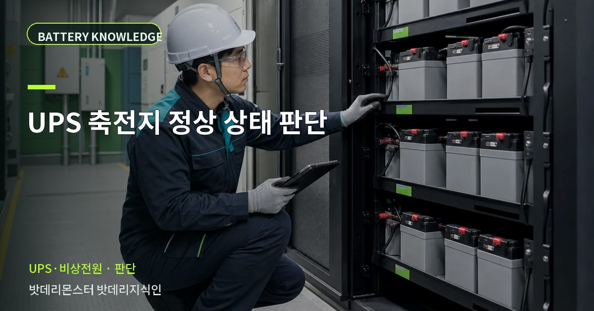 UPS 축전지 정상 상태 판단의 확인 항목을 설명하는 산업용 배터리 교육 이미지