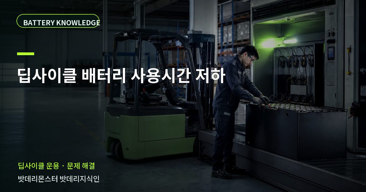 딥사이클 배터리 사용시간 저하의 확인 항목을 설명하는 산업용 배터리 교육 이미지