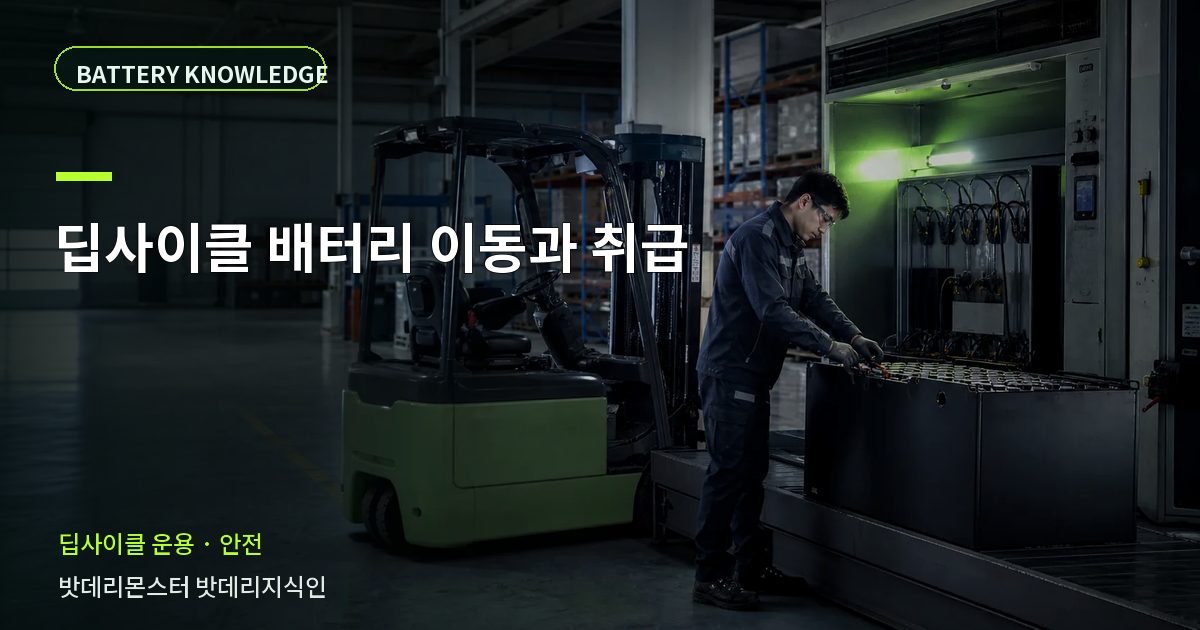 딥사이클 배터리 이동과 취급의 확인 항목을 설명하는 산업용 배터리 교육 이미지