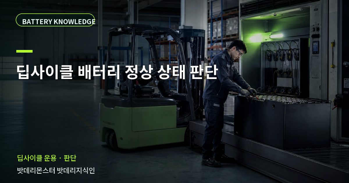 딥사이클 배터리 정상 상태 판단의 확인 항목을 설명하는 산업용 배터리 교육 이미지