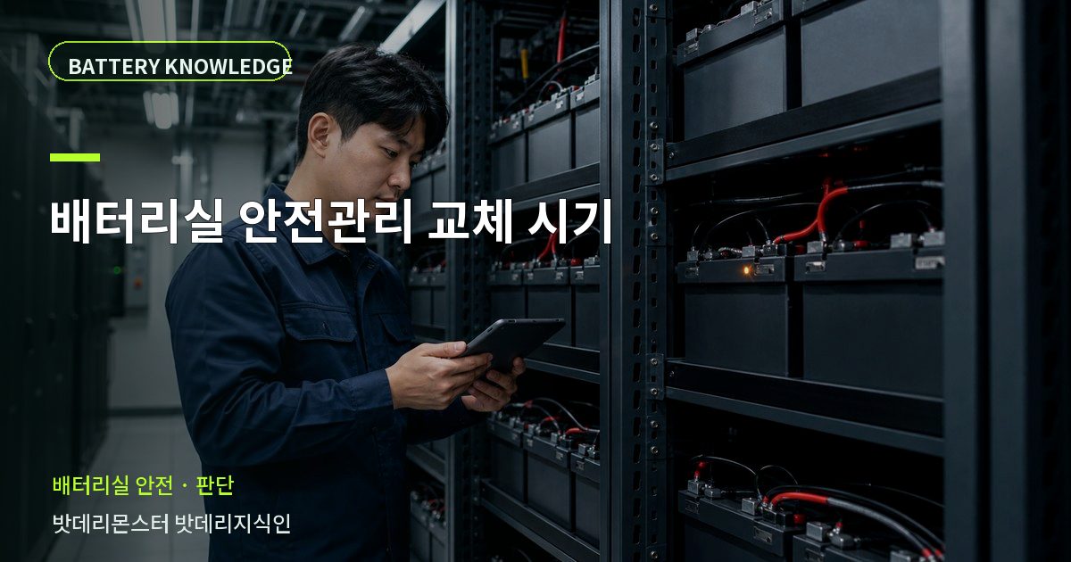 배터리실 안전관리 교체 시기의 확인 항목을 설명하는 산업용 배터리 교육 이미지