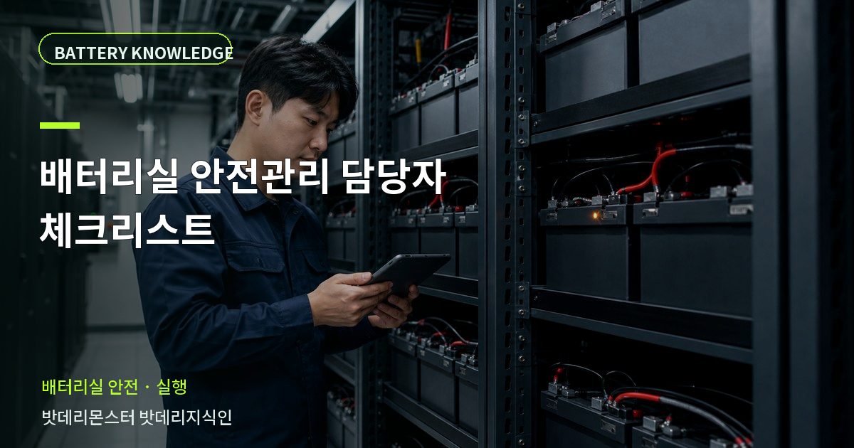 배터리실 안전관리 담당자 체크리스트의 확인 항목을 설명하는 산업용 배터리 교육 이미지