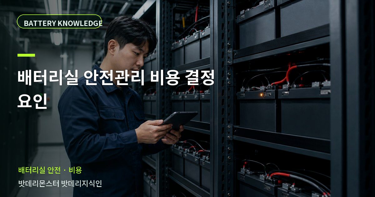 배터리실 안전관리 비용 결정 요인의 확인 항목을 설명하는 산업용 배터리 교육 이미지