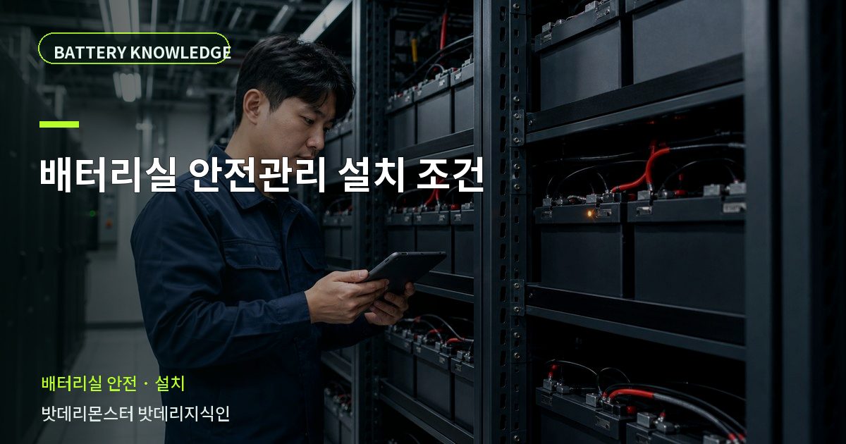 배터리실 안전관리 설치 조건의 확인 항목을 설명하는 산업용 배터리 교육 이미지
