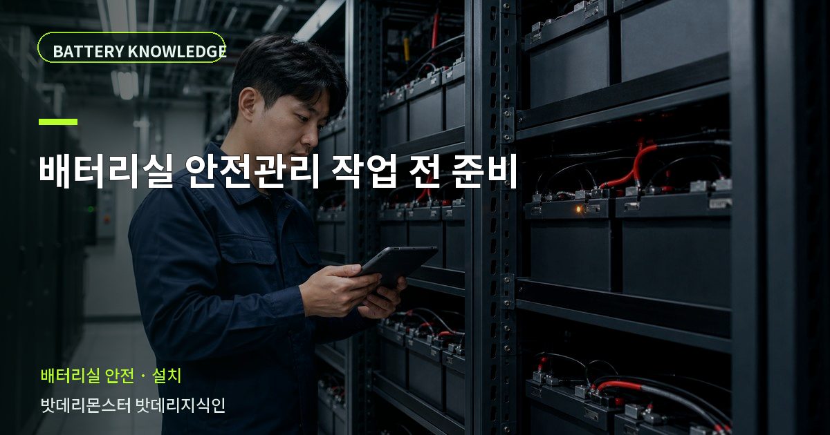 배터리실 안전관리 작업 전 준비의 확인 항목을 설명하는 산업용 배터리 교육 이미지