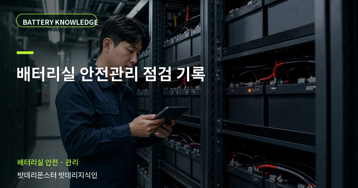 배터리실 안전관리 점검 기록의 확인 항목을 설명하는 산업용 배터리 교육 이미지