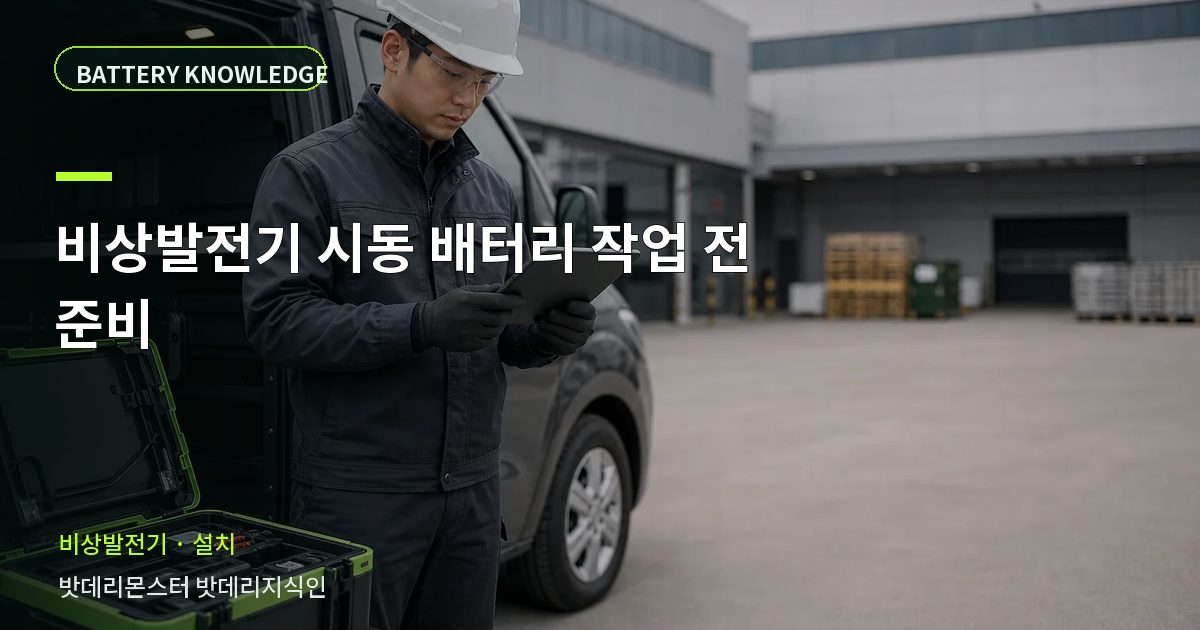 비상발전기 시동 배터리 작업 전 준비의 확인 항목을 설명하는 산업용 배터리 교육 이미지