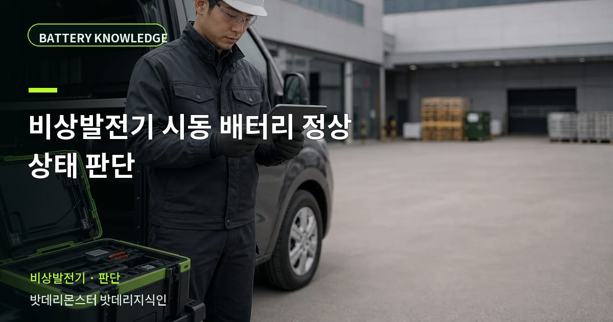 비상발전기 시동 배터리 정상 상태 판단의 확인 항목을 설명하는 산업용 배터리 교육 이미지