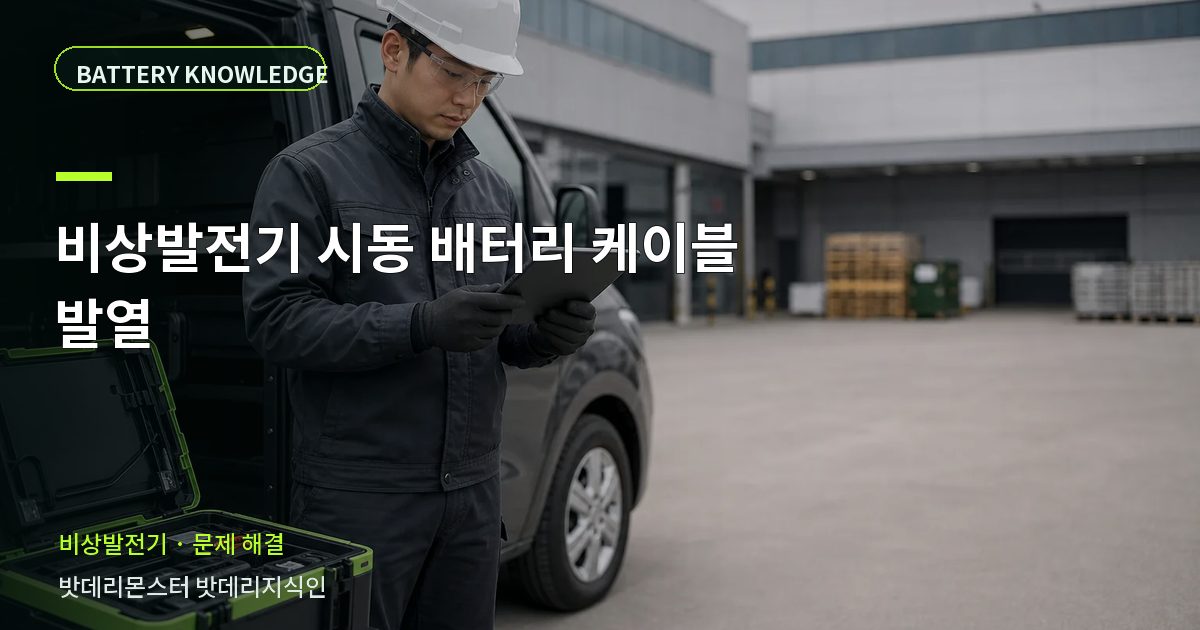비상발전기 시동 배터리 케이블 발열의 확인 항목을 설명하는 산업용 배터리 교육 이미지