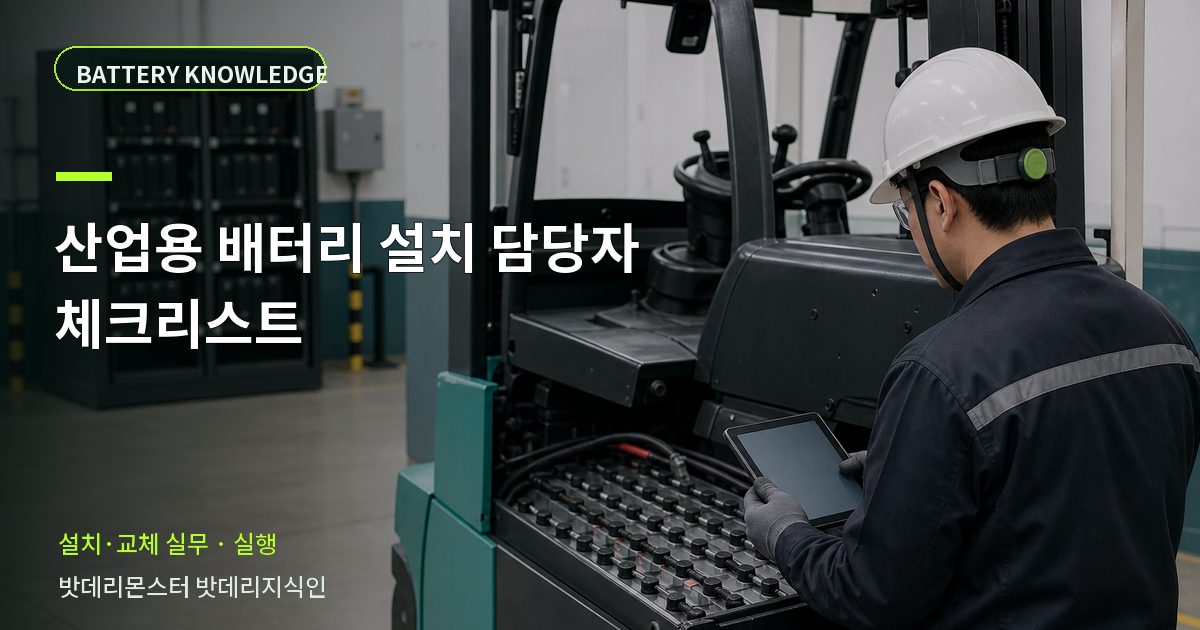 산업용 배터리 설치 담당자 체크리스트의 확인 항목을 설명하는 산업용 배터리 교육 이미지