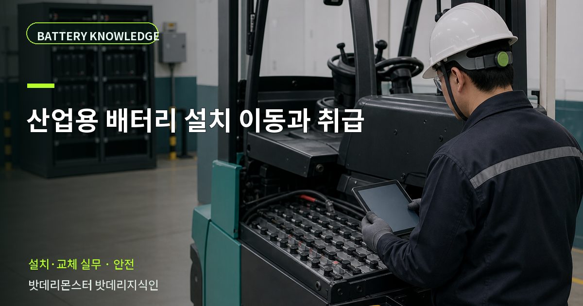 산업용 배터리 설치 이동과 취급의 확인 항목을 설명하는 산업용 배터리 교육 이미지
