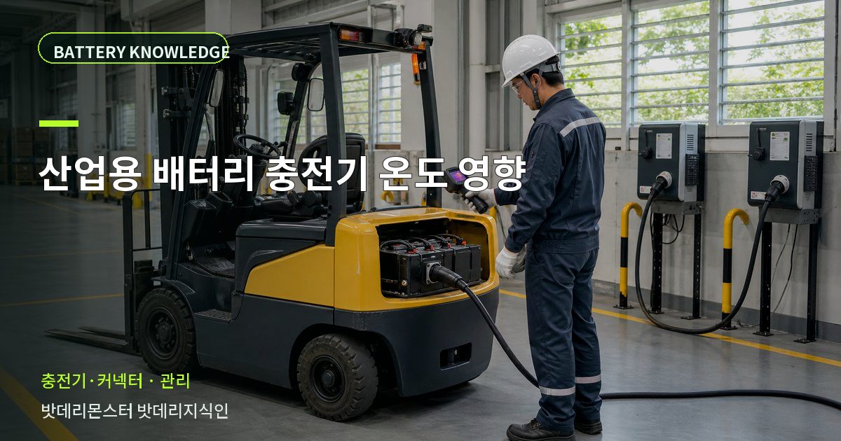 산업용 배터리 충전기 온도 영향의 확인 항목을 설명하는 산업용 배터리 교육 이미지