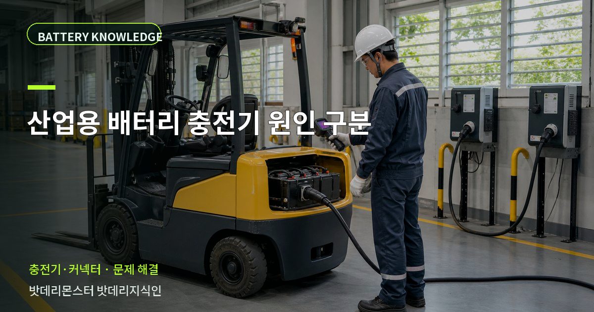 산업용 배터리 충전기 원인 구분의 확인 항목을 설명하는 산업용 배터리 교육 이미지