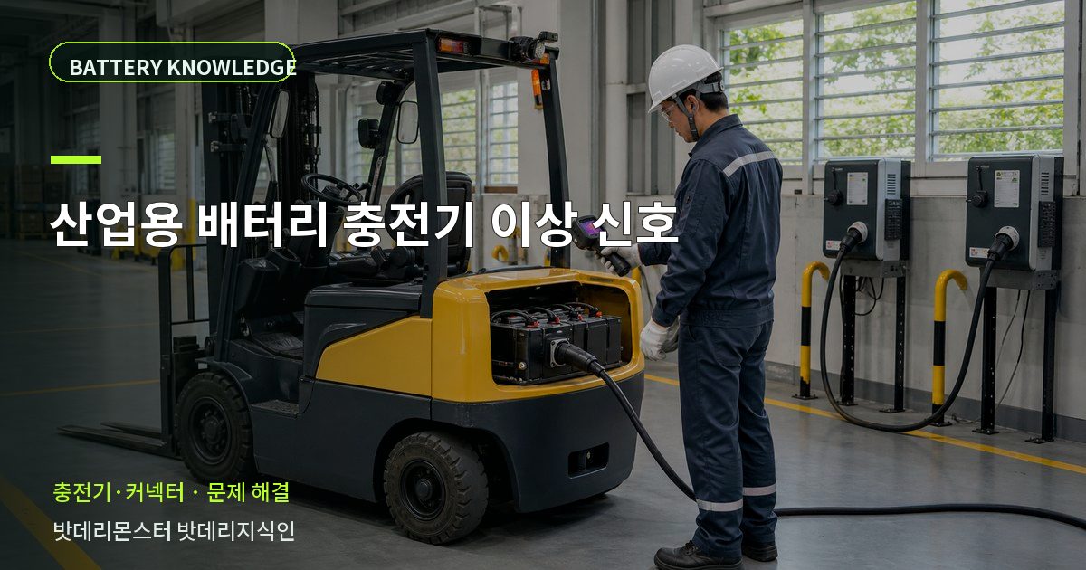산업용 배터리 충전기 이상 신호의 확인 항목을 설명하는 산업용 배터리 교육 이미지