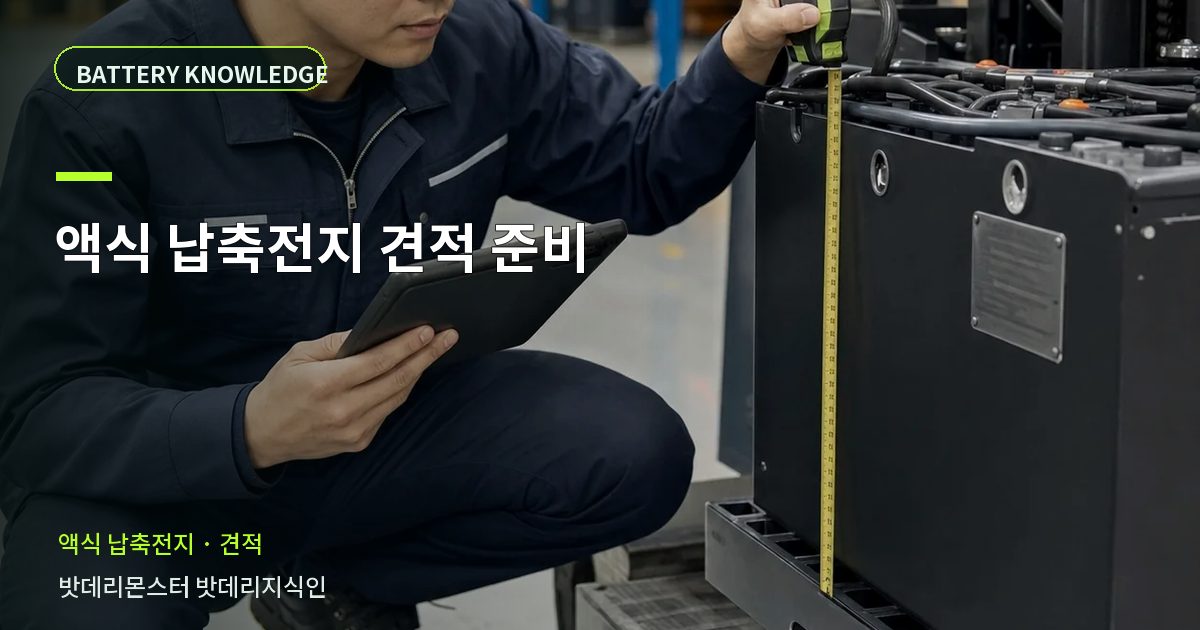 액식 납축전지 견적 준비의 확인 항목을 설명하는 산업용 배터리 교육 이미지