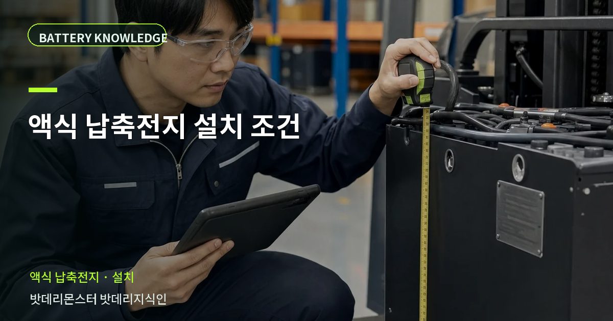 액식 납축전지 설치 조건의 확인 항목을 설명하는 산업용 배터리 교육 이미지
