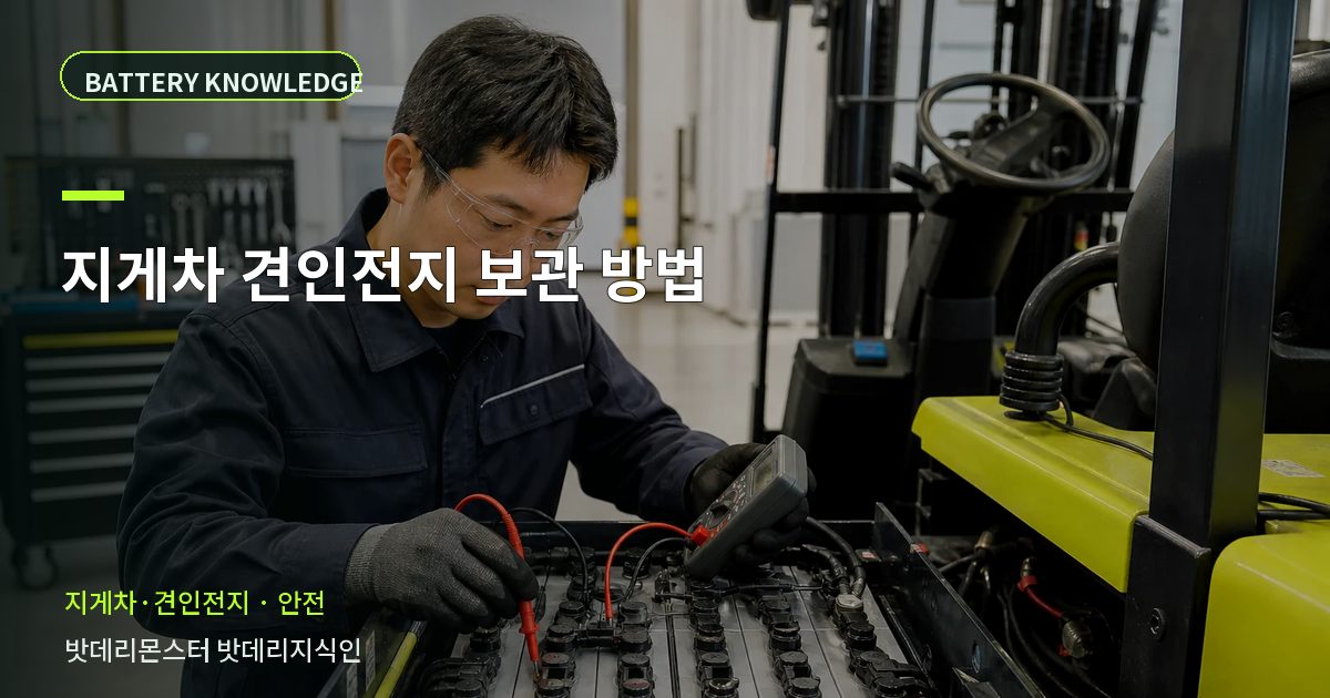 지게차 견인전지 보관 방법의 확인 항목을 설명하는 산업용 배터리 교육 이미지