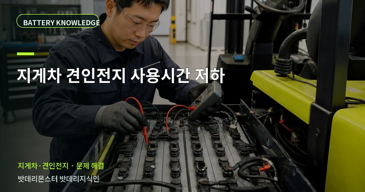 지게차 견인전지 사용시간 저하의 확인 항목을 설명하는 산업용 배터리 교육 이미지