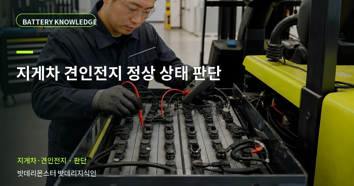 지게차 견인전지 정상 상태 판단의 확인 항목을 설명하는 산업용 배터리 교육 이미지