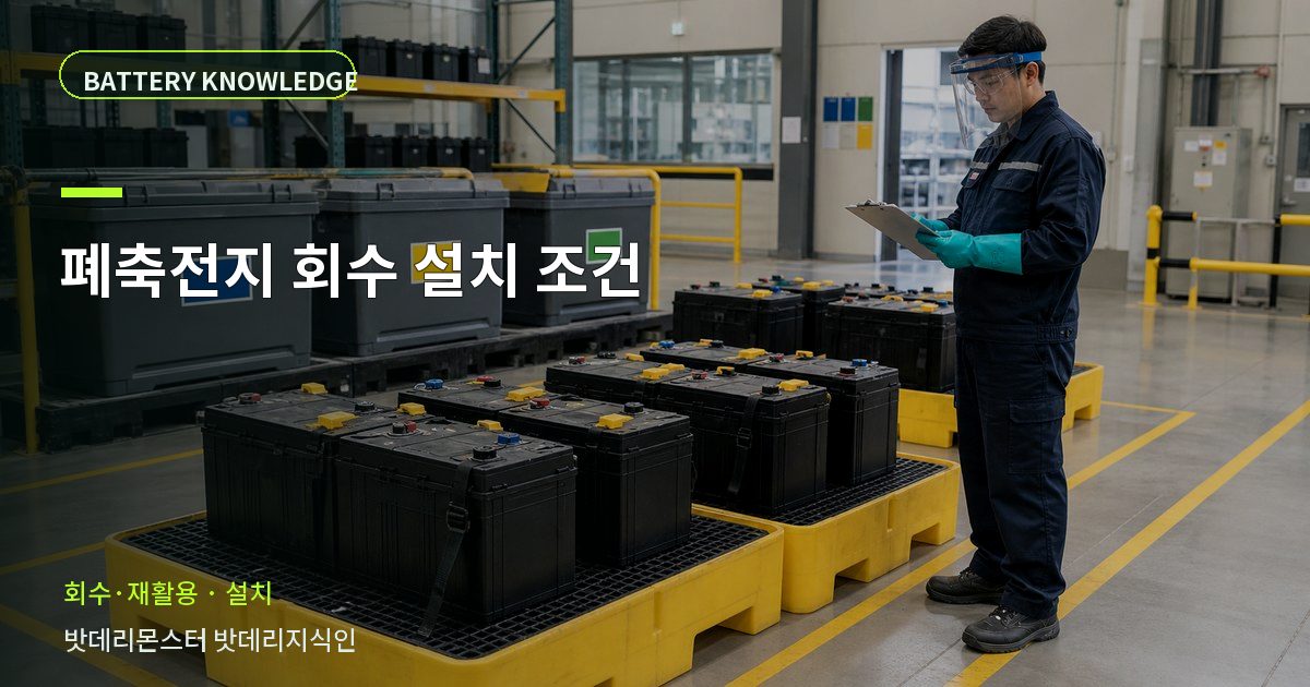 폐축전지 회수 설치 조건의 확인 항목을 설명하는 산업용 배터리 교육 이미지